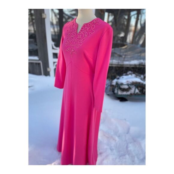 True Vintage Hot Pink Maxi Dress Long Sleeve Soutache Neckline Detail Fitted - Picture 7 of 10